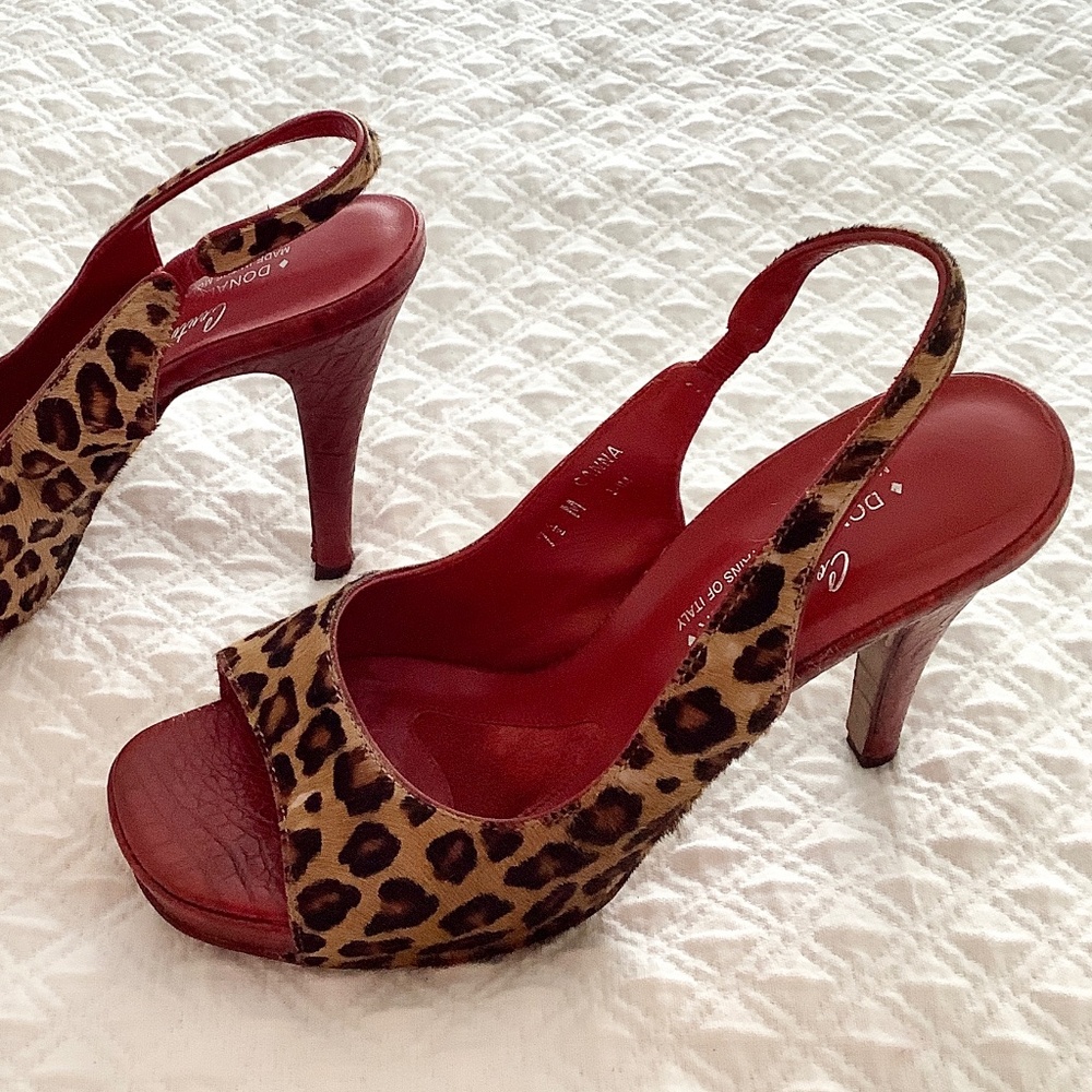 Donald Pliner Couture Heels Pony Hair Leopard Print Red Leather Sole Italy - Picture 3 of 10